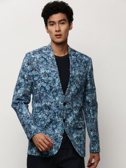 SHOWOFFFF - Men Notched Lapel Floral Printed Blue Single Breasted Blazer