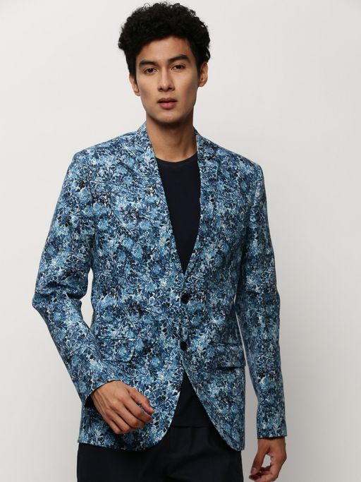 SHOWOFFFF Men Notched Lapel Floral Printed Blue Single Breasted Blazer