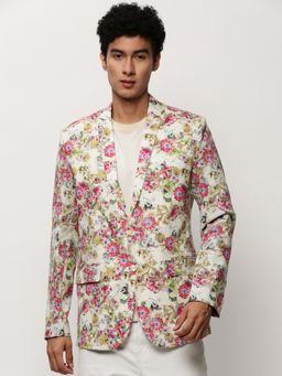 SHOWOFF - Men Notched Lapel Floral Printed Off White Single Breasted Blazer