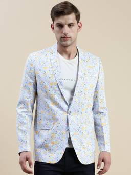 SHOWOFFFF - Men Floral Printed Notched Lapel Blue Open Front Blazer