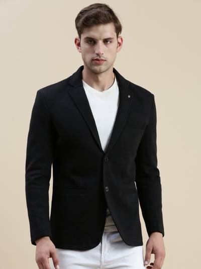 Men Solid Notched Lapel Black Open Front Blazer