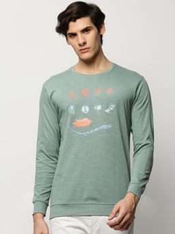 SHOWOFF - Men Round Neck Alphanumeric Sea Green Sweatshirt