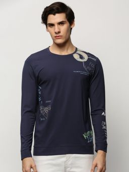 SHOWOFF - Men Round Neck Alphanumeric Navy Blue Sweatshirt