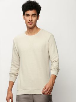SHOWOFF - Men Round Neck Textured Beige Sweatshirt