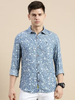 SHOWOFFFF - Men Long Sleeves Spread Collar Blue Floral Printed Slim Fit Shirt