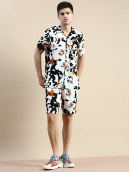 SHOWOFFFF - Men Short Sleeves Shirt Collar White Printed Co-Ord (Set of 2)