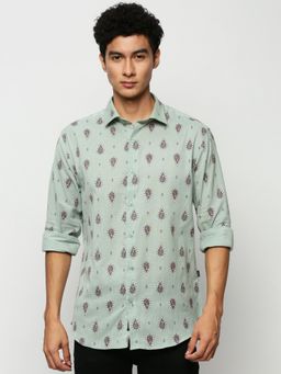 SHOWOFFFF - Men Long Sleeves Spread Collar Sea Green Ethnic Motifs Premium Shirt
