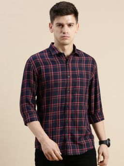 SHOWOFF - Men Long Sleeves Spread Collar Navy Blue Checked Slim Fit Shirt