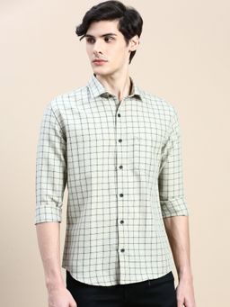SHOWOFFFF - Men Long Sleeves Spread Collar Green Checked Slim Fit Shirt