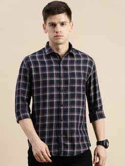 SHOWOFFFF - Men Long Sleeves Spread Collar Navy Blue Checked Slim Fit Shirt