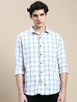 SHOWOFFFF - Men Long Sleeves Spread Collar White Checked Slim Fit Shirt