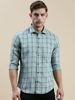 SHOWOFFFF - Men Long Sleeves Spread Collar Sea Green Checked Slim Fit Shirt