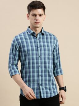 SHOWOFFFF - Men Long Sleeves Spread Collar Blue Checked Slim Fit Shirt