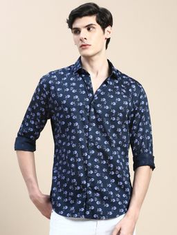 SHOWOFF - Men Long Sleeves Spread Collar Navy Blue Printed Slim Fit Shirt