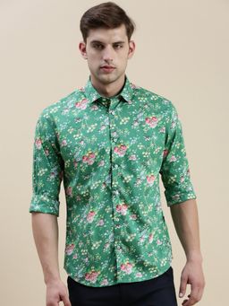 SHOWOFFFF - Men Long Sleeves Spread Collar Green Floral Printed Slim Fit Shirt