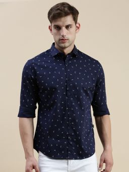 SHOWOFF - Men Long Sleeves Spread Collar Navy Blue Printed Slim Fit Shirt