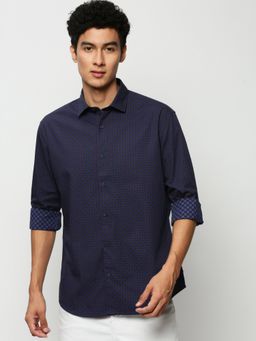 SHOWOFF - Men Long Sleeves Spread Collar Navy Blue Polka Dots Printed Standard Shirt