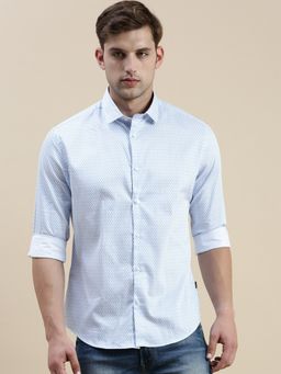 SHOWOFFFF - Men Long Sleeves Spread Collar White Geometric Slim Fit Shirt