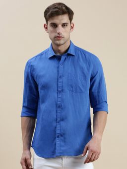 SHOWOFFFF - Men Long Sleeves Spread Collar Blue Solid Slim Fit Shirt