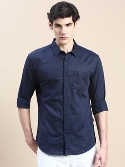 SHOWOFF - Men Long Sleeves Spread Collar Navy Blue Solid Slim Fit Shirt