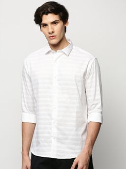 SHOWOFFFF - Men Long Sleeves Spread Collar White Horizontal Stripes Premium Shirt