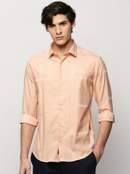 SHOWOFFFF - Men Long Sleeves Spread Collar Peach Windowpane Checks Premium Shirt