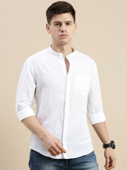 SHOWOFFFF - Men Long Sleeves Mandarin Collar White Solid Slim Fit Shirt
