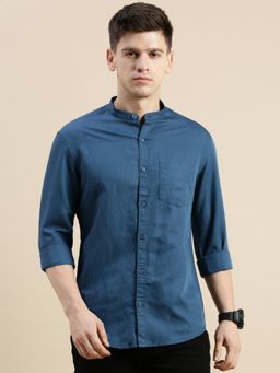 SHOWOFFFF - Men Long Sleeves Mandarin Collar Blue Solid Slim Fit Shirt