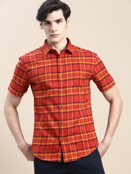 SHOWOFFFF - Men Short Sleeves Tartan Checks Spread Collar Red Slim Fit Shirt