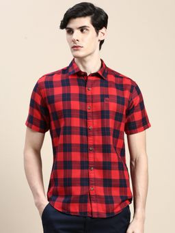 SHOWOFF - Men Short Sleeves Tartan Checks Spread Collar Red Slim Fit Shirt