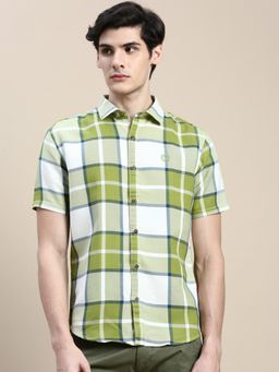 SHOWOFFFF - Men Short Sleeves Tartan Checks Spread Collar Green Slim Fit Shirt