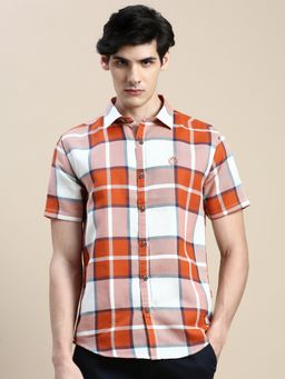 SHOWOFF - Men Short Sleeves Tartan Checks Spread Collar Orange Slim Fit Shirt