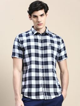 SHOWOFFFF - Men Short Sleeves Shepherd Checks Spread Collar White Slim Fit Shirt