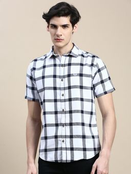 SHOWOFF - Men Short Sleeves Shepherd Checks Spread Collar White Slim Fit Shirt