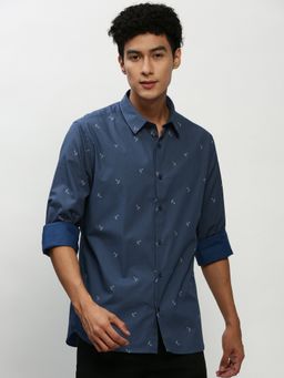 SHOWOFF - Men Long Sleeves Spread Collar Navy Blue Printed Smart Shirt