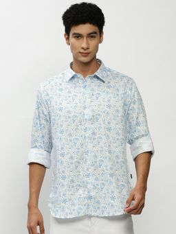 SHOWOFFFF - Men Long Sleeves Spread Collar Blue Ethnic Motifs Smart Shirt