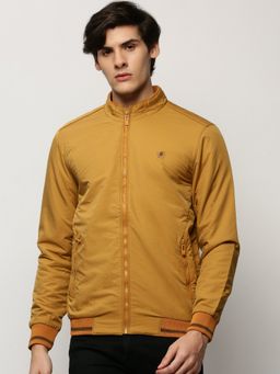 SHOWOFF - Men Solid Mock Collar Mustard Bomber Jacket