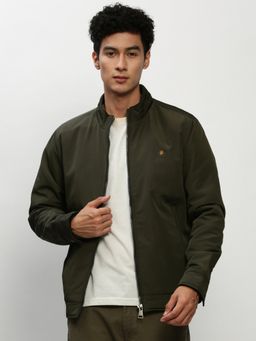 SHOWOFFFF - Men Solid Mock Collar Olive Bomber Jacket