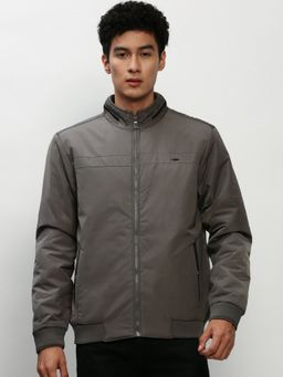 SHOWOFFFF - Men Solid Mock Collar Grey Bomber Jacket