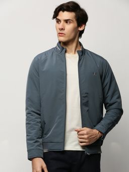 SHOWOFFFF - Men Solid Mock Collar Blue Bomber Jacket