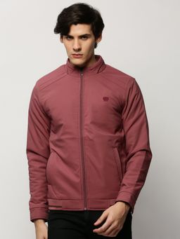 SHOWOFFFF - Men Solid Mock Collar Pink Bomber Jacket