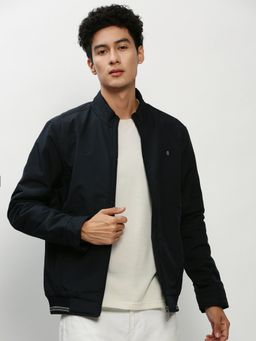 SHOWOFF - Men Solid Mock Collar Navy Blue Bomber Jacket