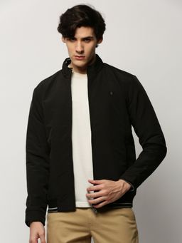 SHOWOFFFF - Men Solid Mock Collar Black Bomber Jacket