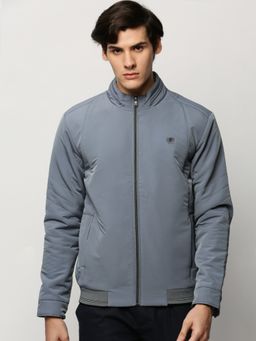SHOWOFFFF - Men Solid Mock Collar Grey Bomber Jacket