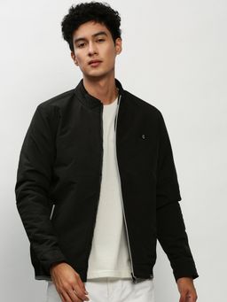 SHOWOFF - Men Solid Mock Collar Black Bomber Jacket