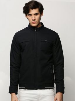 SHOWOFF - Men Solid Mock Collar Black Bomber Jacket