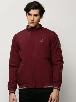 SHOWOFF - Men Solid Mock Collar Maroon Bomber Jacket
