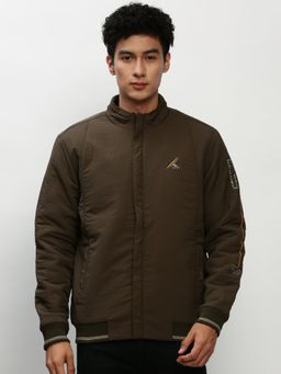SHOWOFF - Men Solid Mock Collar Olive Bomber Jacket