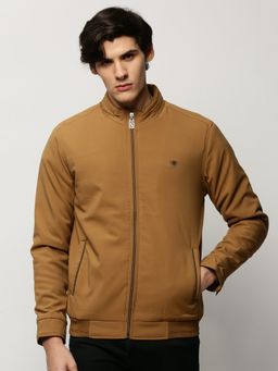 SHOWOFF - Men Solid Mock Collar Khaki Bomber Jacket