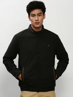 SHOWOFFFF - Men Solid Mock Collar Black Bomber Jacket
